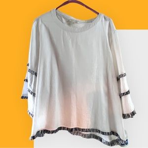 Cynthia Rowley plus size linen crew neck tunic with black and white fringe